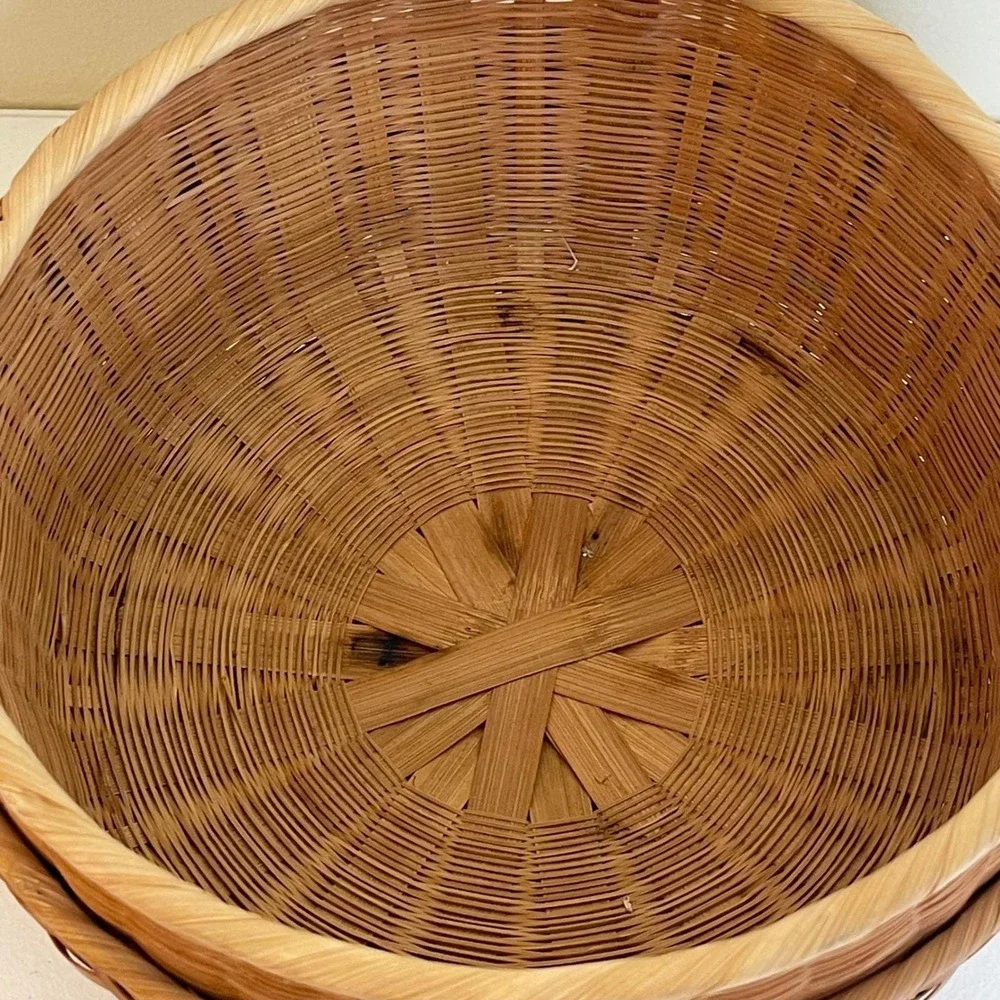 Vintage Woven Bamboo Rattan Round Storage Baskets Planters 2 Brown Boho Natural